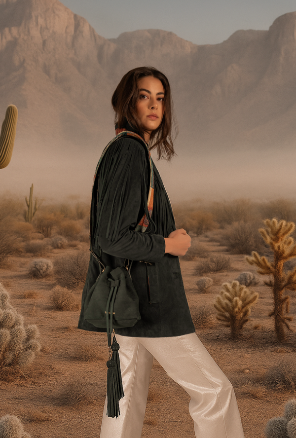 Chaqueta en cuero verde pato con flecos Etérea x Sabandija