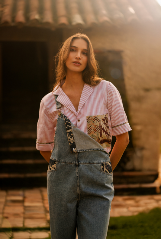 CAMISA MANGA CORTA OVERSIZE FLORENCIA ROSADO HUELLAS MENTA