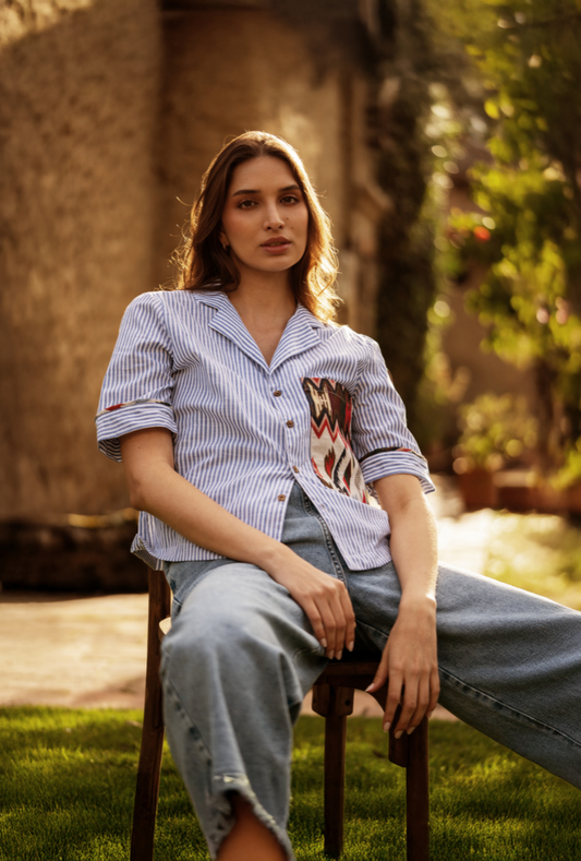 CAMISA MANGA CORTA OVERSIZE FLORENCIA AZUL CLARO BÚHO
