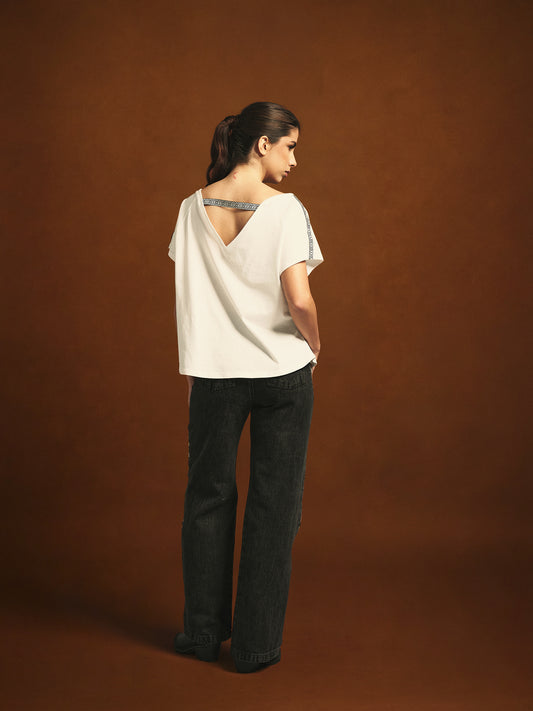 CAMISETA CUELLO V OVERSIZE GRECIA MARFIL ARABESCO
