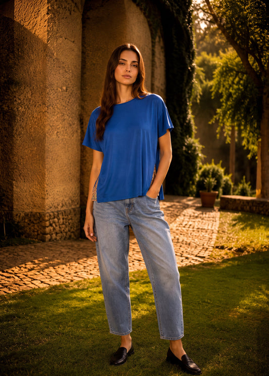 CAMISETA CUELLO REDONDO OVERSIZE BAHAMAS TURQUESA ARABESCO AZUL