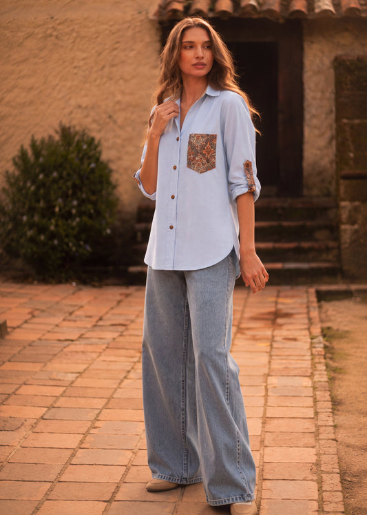 CAMISA OVERSHIRT OVERSIZE BALI AZUL CLARO ARABESCO AZUL