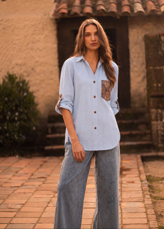 CAMISA OVERSHIRT OVERSIZE BALI AZUL CLARO ARABESCO AZUL
