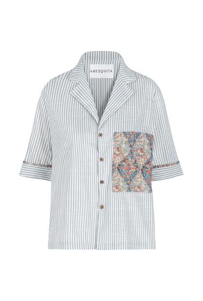 CAMISA MANGA CORTA OVERSIZE FLORENCIA VERDE OLIVA ARABESCO AZUL