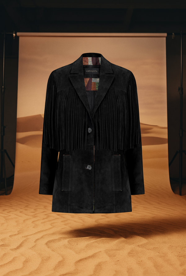 Chaqueta en cuero negra con flecos Etérea x Sabandija
